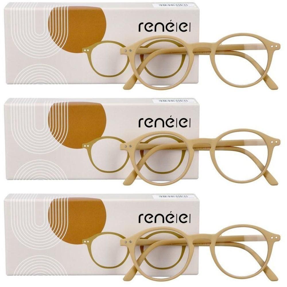 Trois paires de lunettes de lecture René(e) Lunettes beiges, chacune dans son emballage.