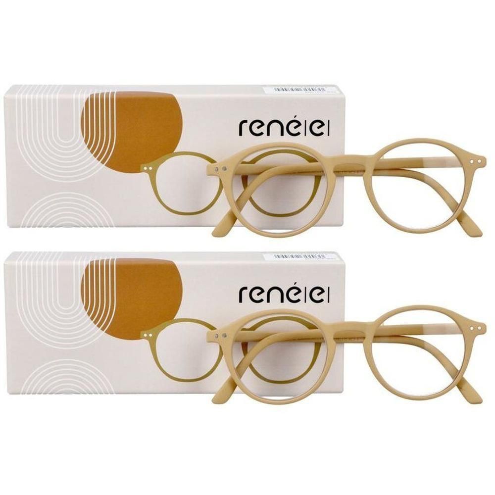 Deux paires de lunettes de lecture René(e) Lunettes beiges, chacune dans son emballage ouvert.