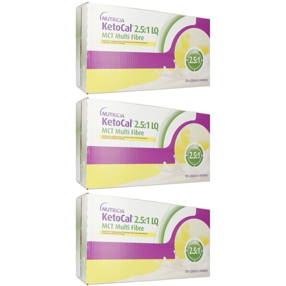 Trois boîtes de Nutricia KetoCal 2:5:1 LQ MCT Multi Fibre, face avant avec informations produit.