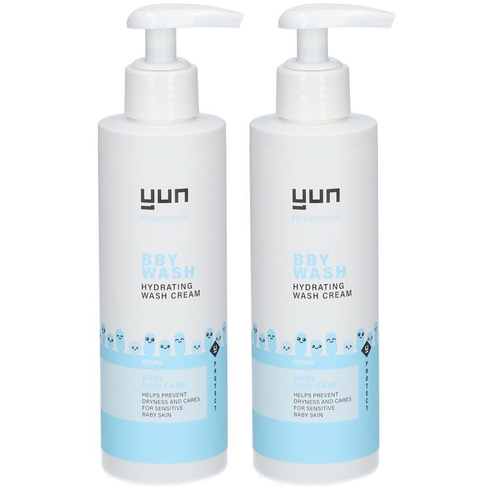 Twee witte pompflesjes YUN BBY WASH Hydraterende Wascrème voor baby's.