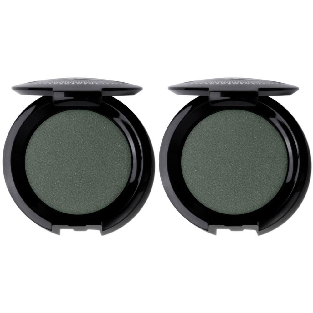 Deux pots noirs de fard à paupières vert, couvercles ouverts.