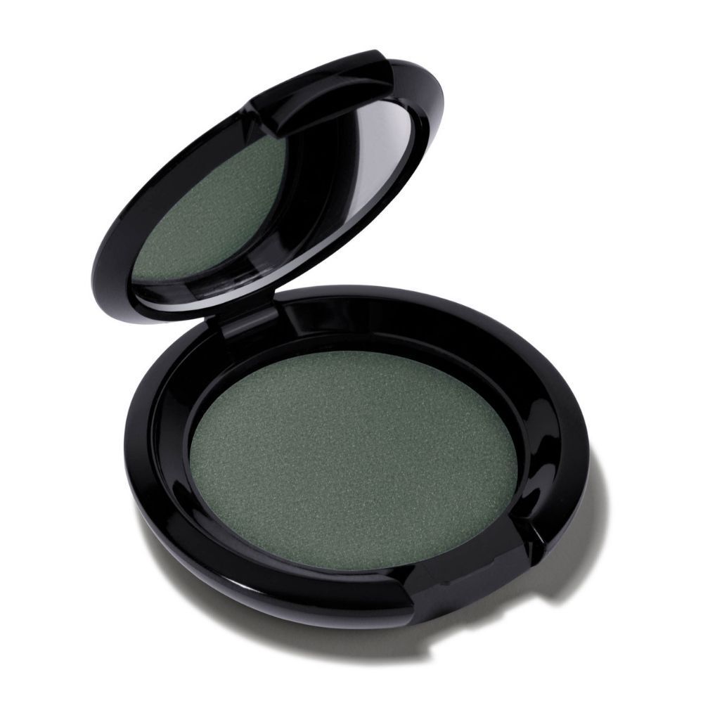Pot noir de fard à paupières vert, couvercle et miroir ouverts.