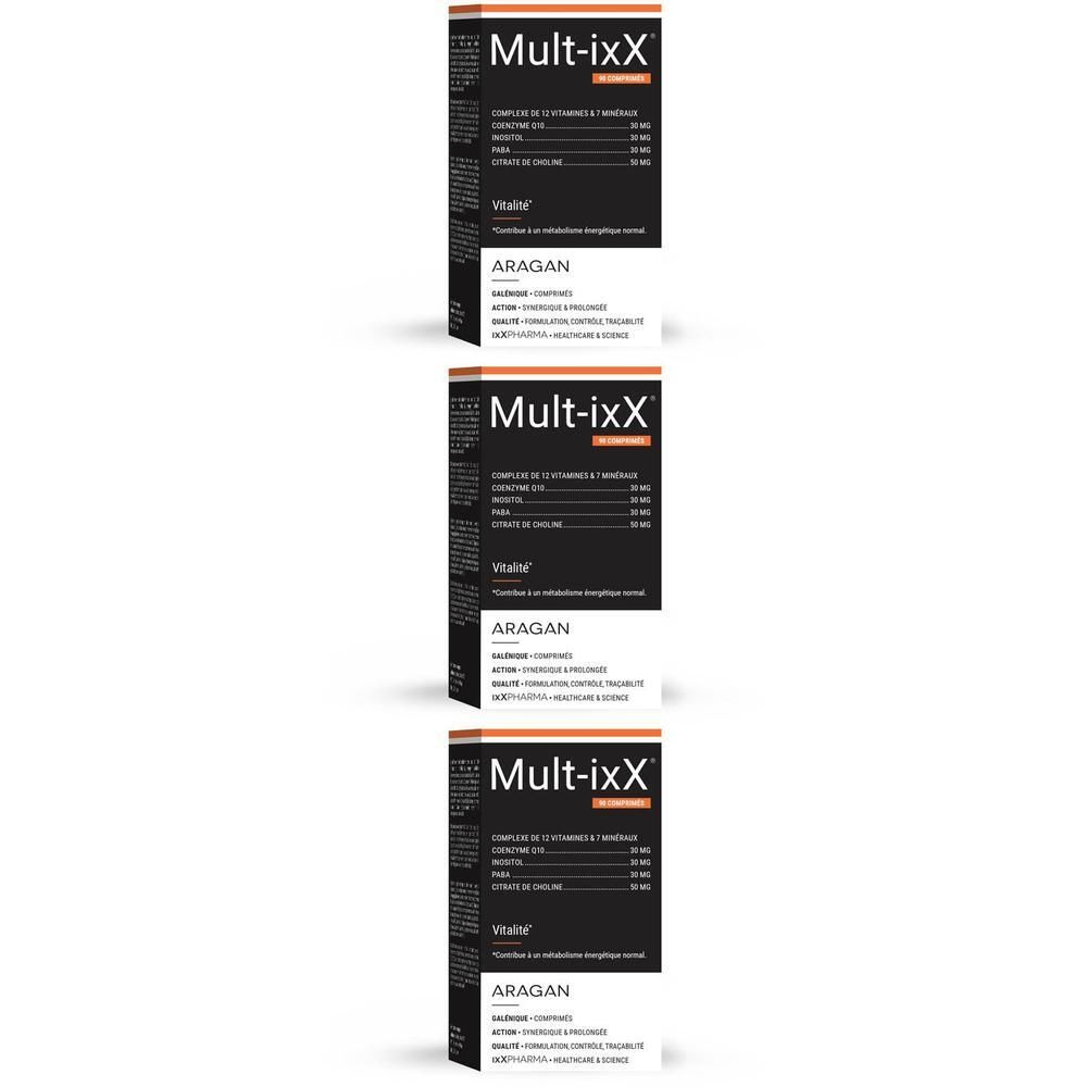 Trois boîtes de Mult-ixX avec informations sur les ingrédients et le dosage.