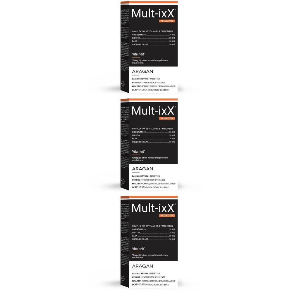 Drie Mult-ixX doosjes met informatie over ingrediënten en dosering.
