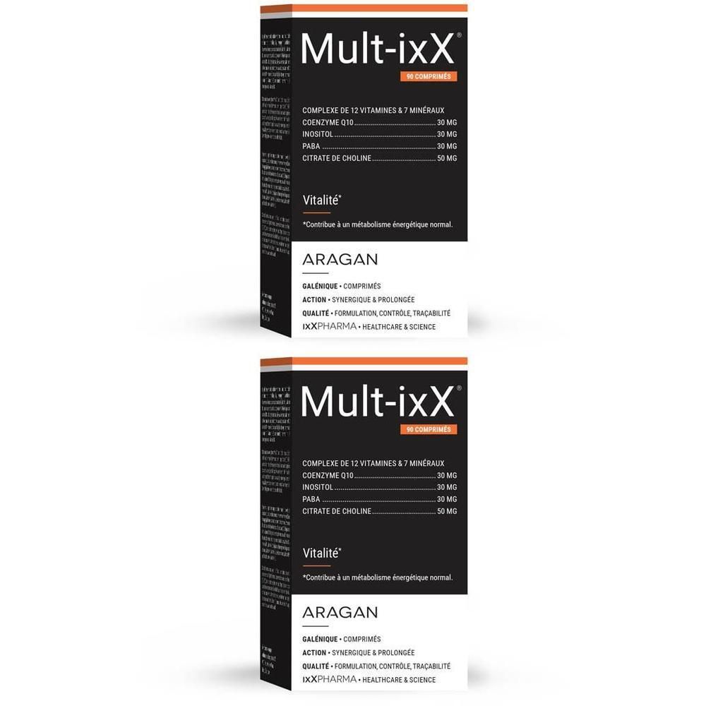 Deux boîtes de complément alimentaire Mult-iXX avec vitamines et minéraux.