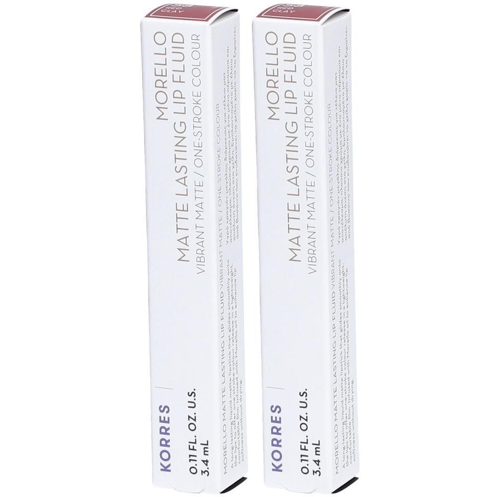 Twee verpakkingen KORRES Morello mat rode lippenstift. Elke verpakking bevat 3,4 ml.