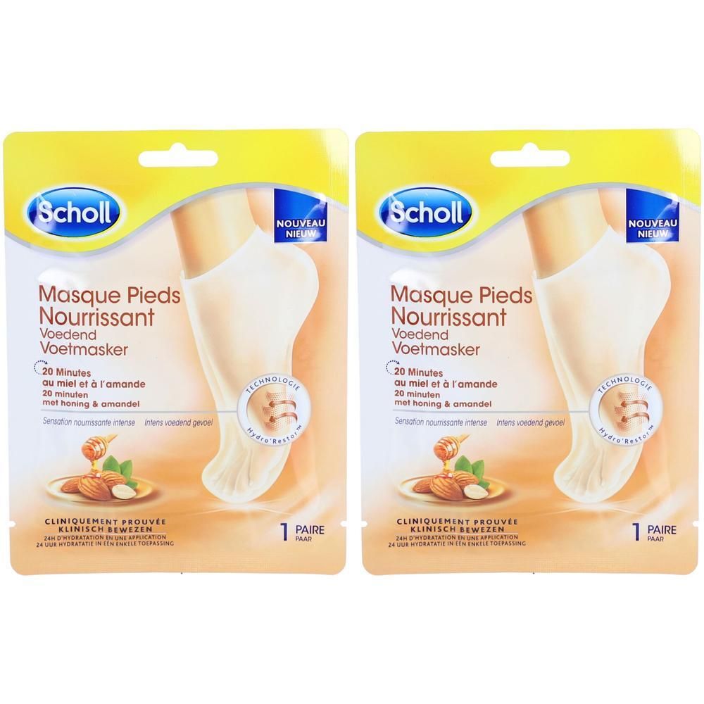 Deux paquets de Masque Pieds Nourrissant Scholl au miel et à l'amande. Chaque paquet contient une paire.