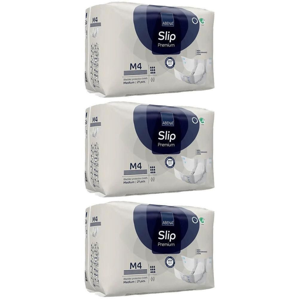 Trois paquets de slips d'incontinence Abena Slip Premium M4, taille Medium, 27 pièces par paquet.