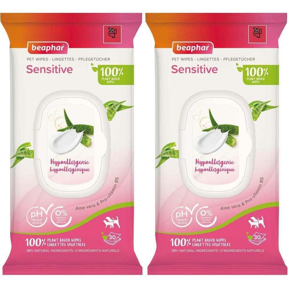 Twee pakken Beaphar Sensitive huisdierdoekjes, 100% plantaardig, hypoallergeen.