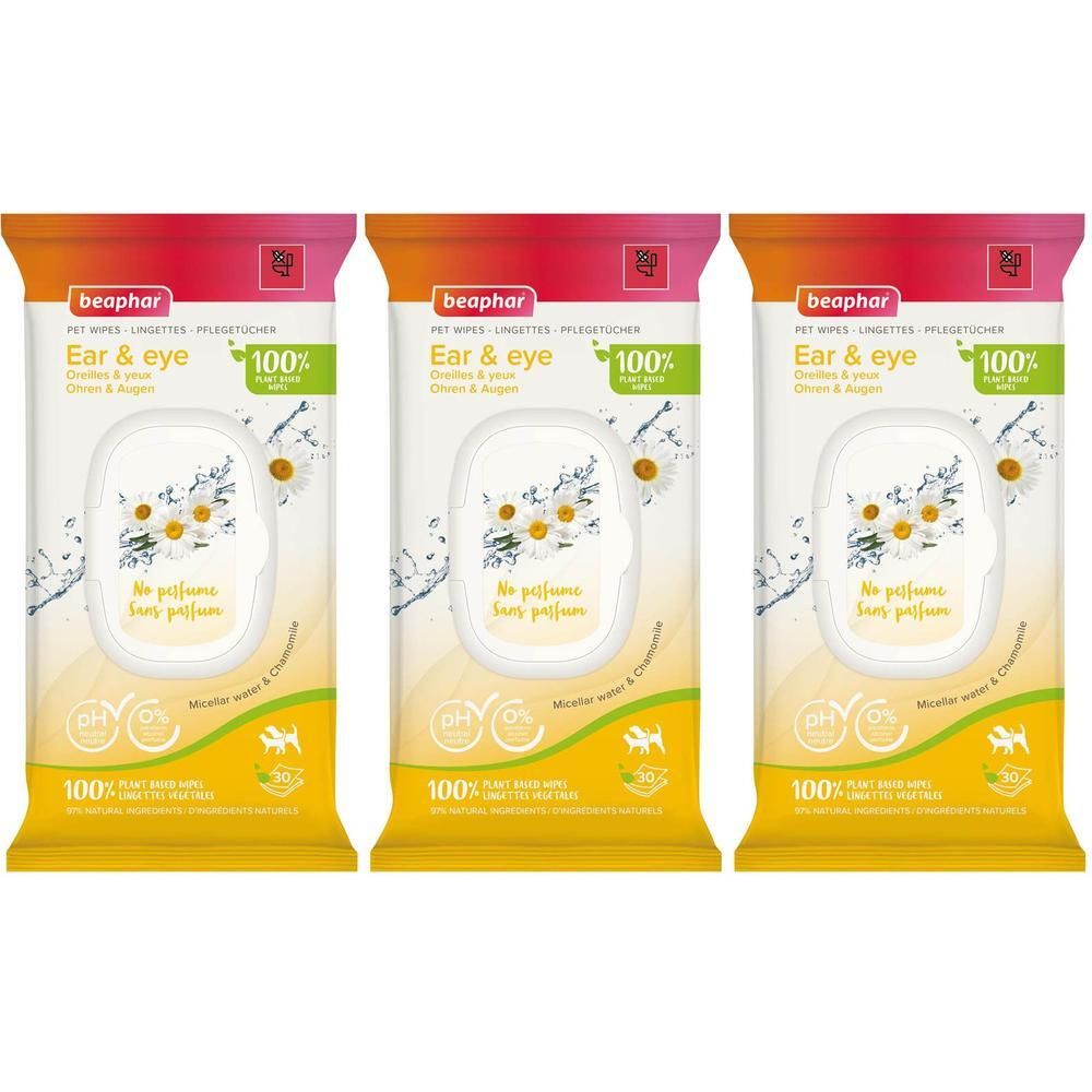 Trois paquets de lingettes Beaphar pour yeux et oreilles, sans parfum, à la camomille.