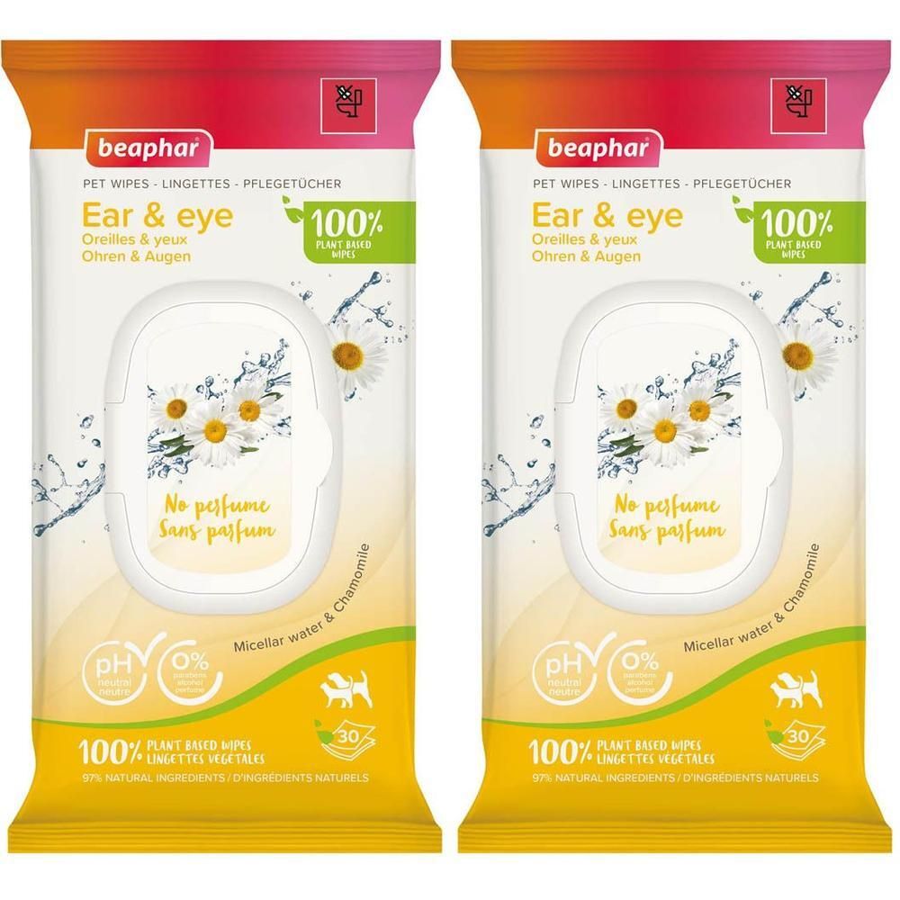 Deux paquets de lingettes Beaphar pour yeux et oreilles pour animaux, sans parfum, à la camomille.