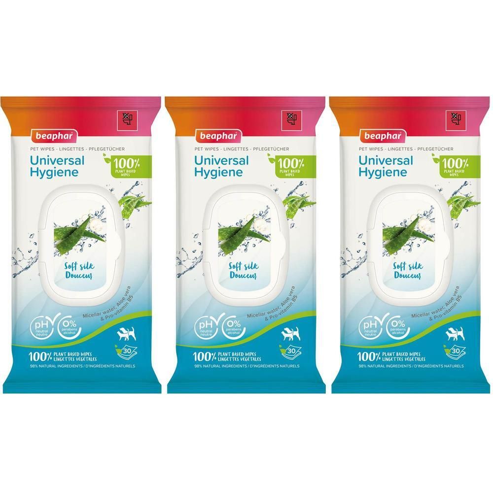 Trois paquets de lingettes Beaphar Universal Hygiene pour animaux. À l'Aloe Vera et Pro-vitamine B5.