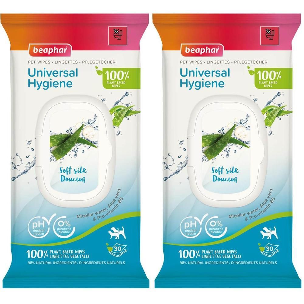 Deux paquets de lingettes Beaphar Universal Hygiene à l'Aloe Vera et à la Pro-Vitamine B5.
