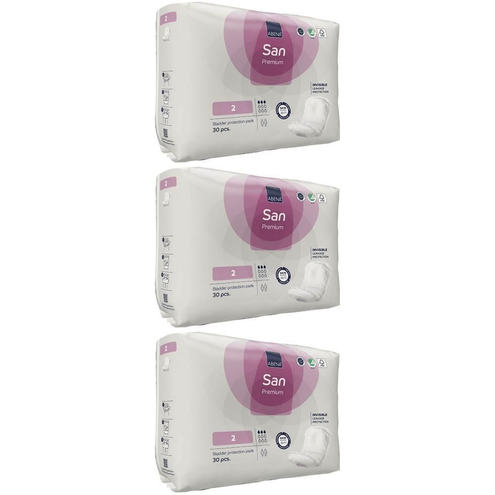 Trois paquets de sous-vêtements anatomiques Abena San Premium 2, 30 pièces par paquet.