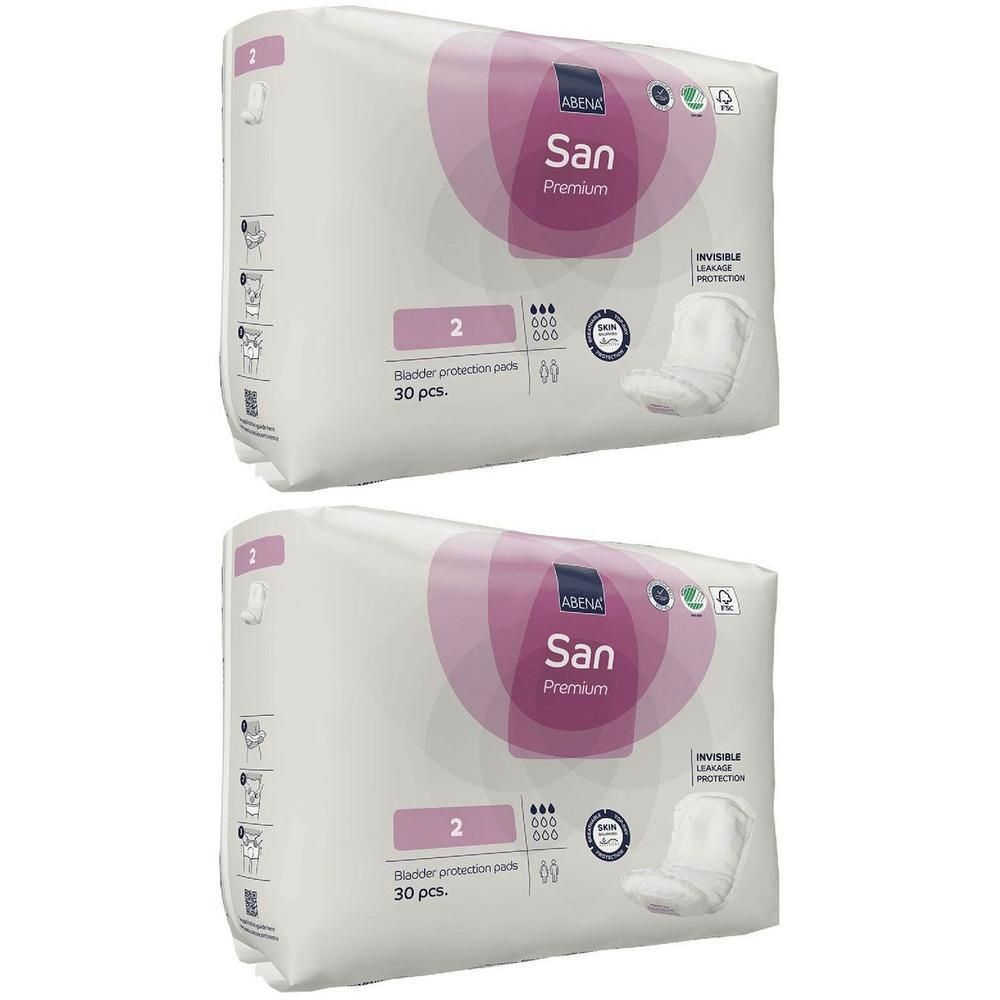 Twee pakken Abena San Premium 2 incontinentie-inlegkruisjes, 30 stuks per pak.