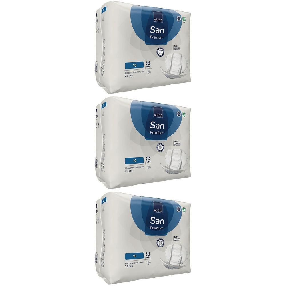 Trois paquets de sous-vêtements anatomiques Abena San Premium 10. Chaque paquet contient 20 pièces.