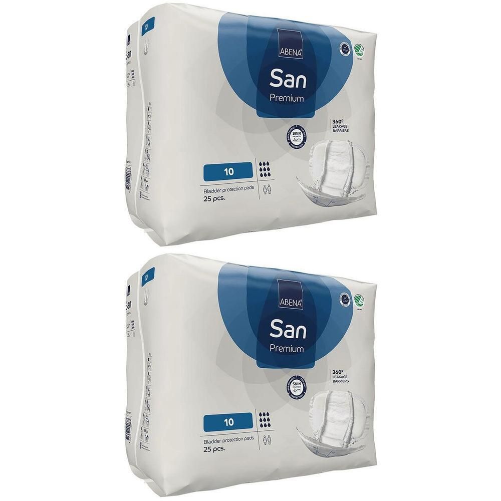 Deux paquets de protections anatomiques Abena San Premium, 25 pièces par paquet.