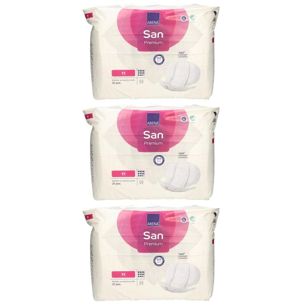 Trois paquets de protections San Premium, 21 pièces par paquet.