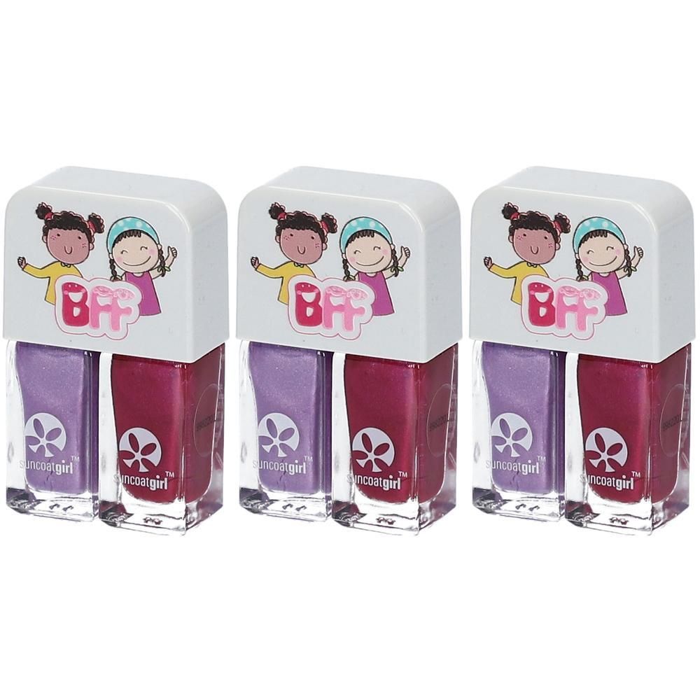 Trois flacons de vernis à ongles violet et rose avec inscription BFF sur les capuchons.
