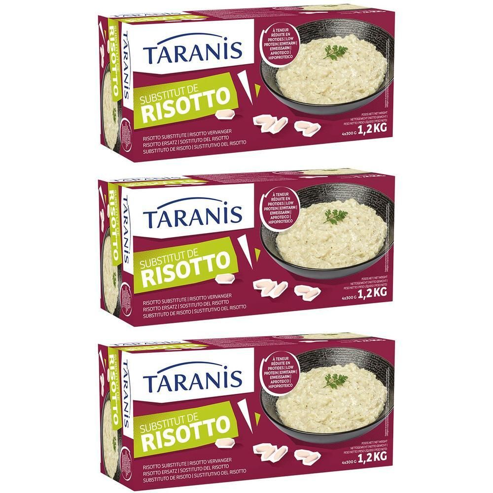Drie pakken Taranis Risotto-vervanger, elk 1,2 kg.