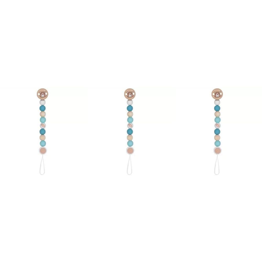 Attache-sucette avec perles en bois bleues, turquoise et roses, avec clip.