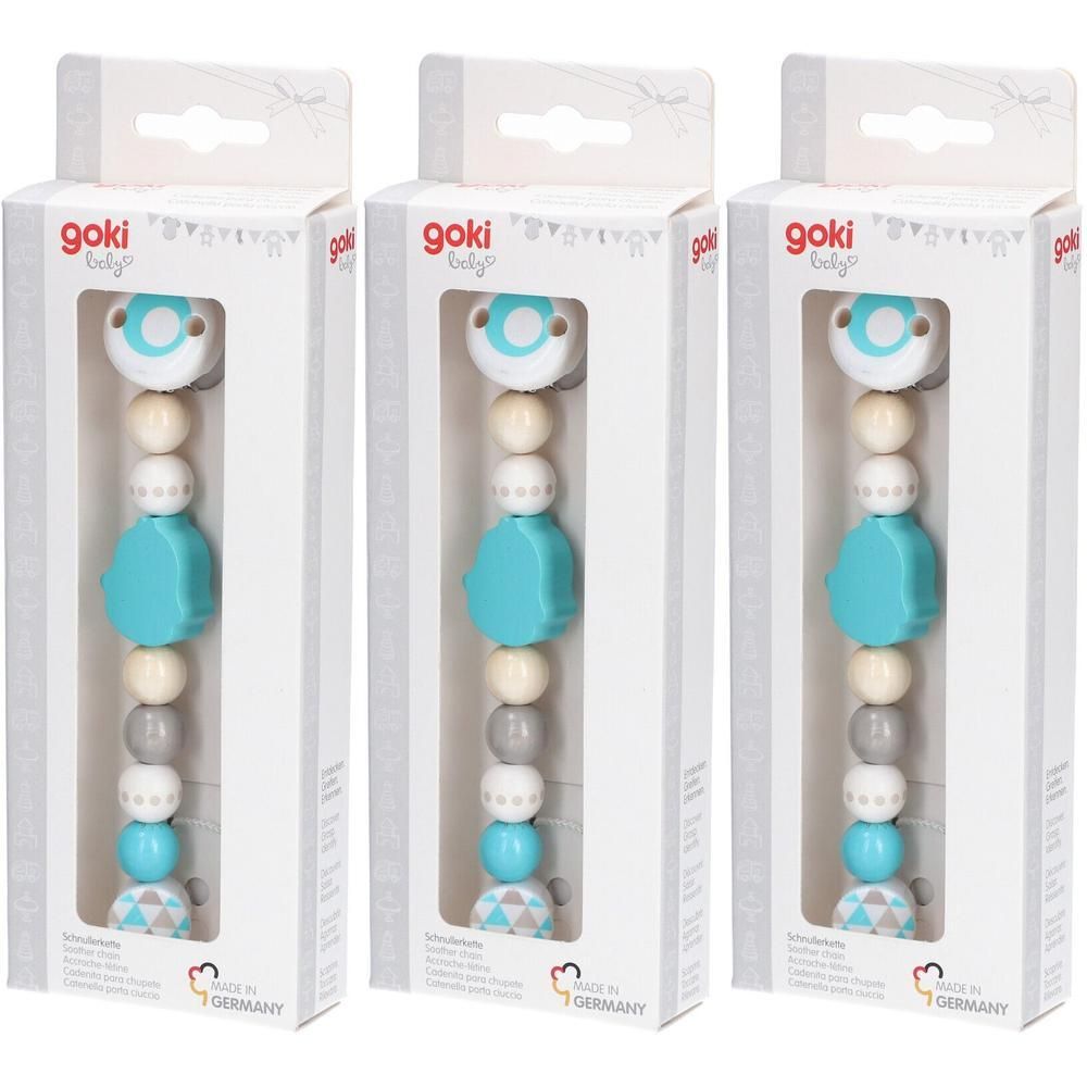 Attache-tétine en bois avec pendentif pingouin bleu, beige et gris. Tétine incluse.