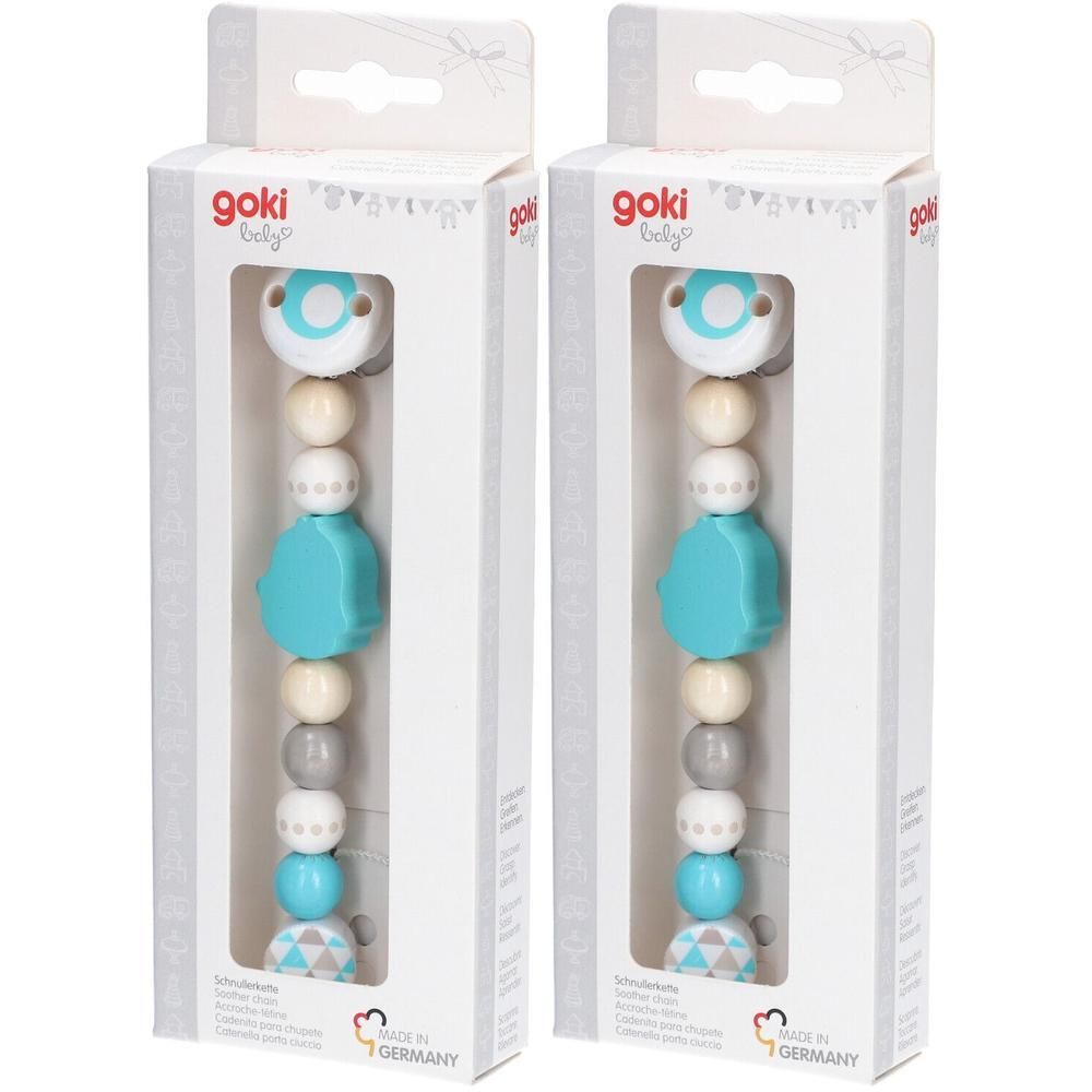 Twee houten fopspeenkettingen met gekleurde kralen en een turquoise pinguïn hanger.
