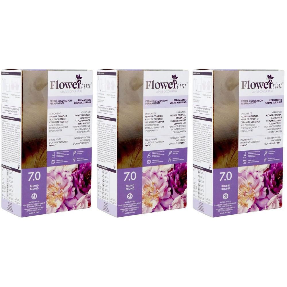 Drie pakken FlowerTint Permanente Kleuring 7.0 Blond met bloemenmotief.