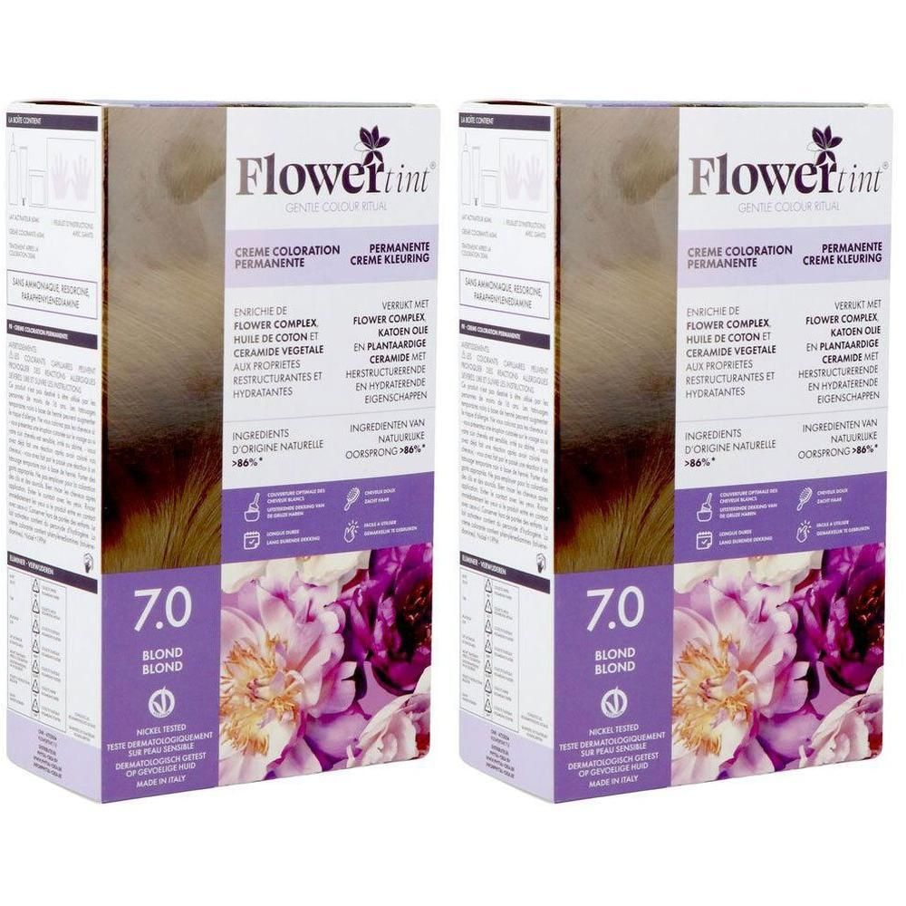 Deux boîtes de coloration permanente FlowerTint 7.0 Blond avec motif floral.