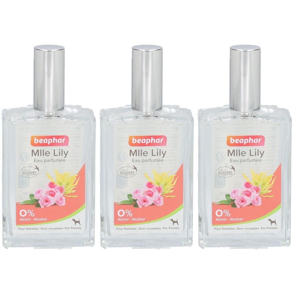 Drie flacons Beaphar Mlle Lily Eau parfumée voor teefjes, 0% alcohol.