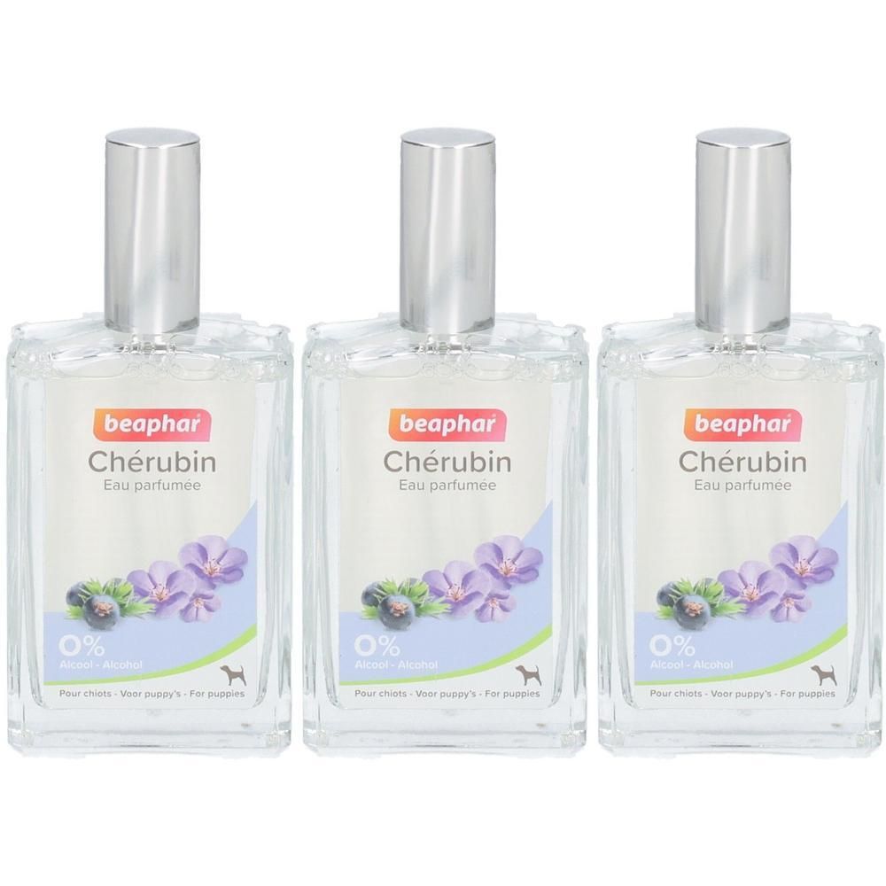 Trois flacons de Beaphar Chérubin Eau parfumée pour chiots avec bouchons argentés. L'étiquette présente des fleurs violettes et des baies.