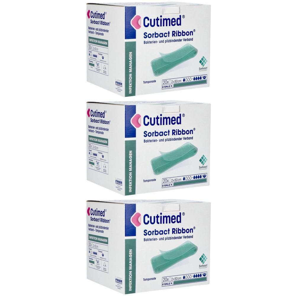 Trois boîtes de tampons Cutimed Sorbact Ribbon, 2x50cm. Applicateurs verts visibles.