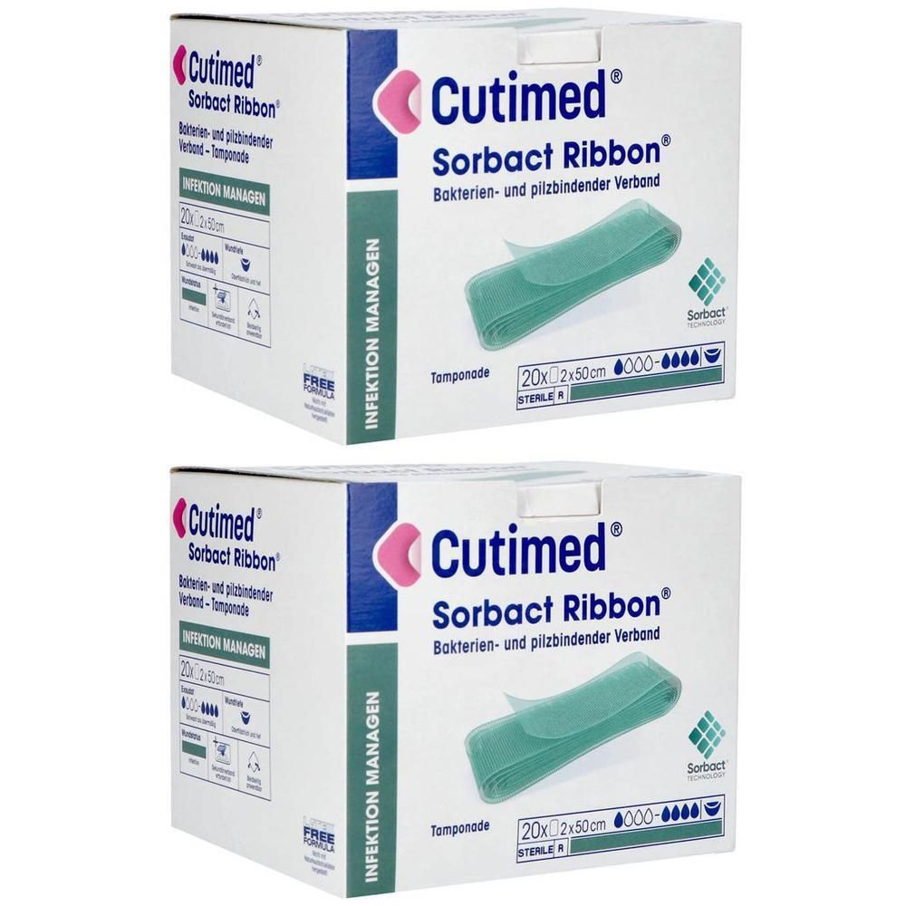 Twee verpakkingen Cutimed Sorbact Ribbon tamponades, 20x2x50cm.