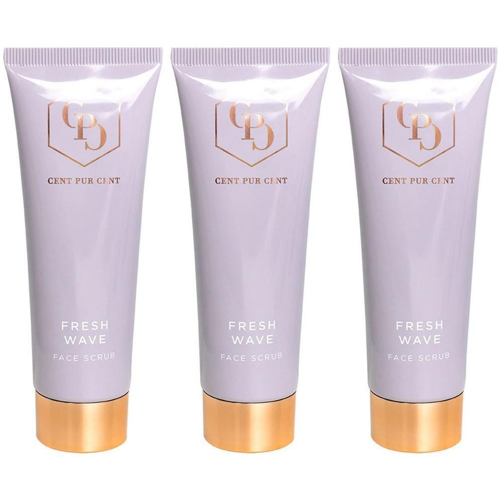 Trois tubes de Cent Pur Cent Fresh Wave Face Scrub avec bouchon doré.