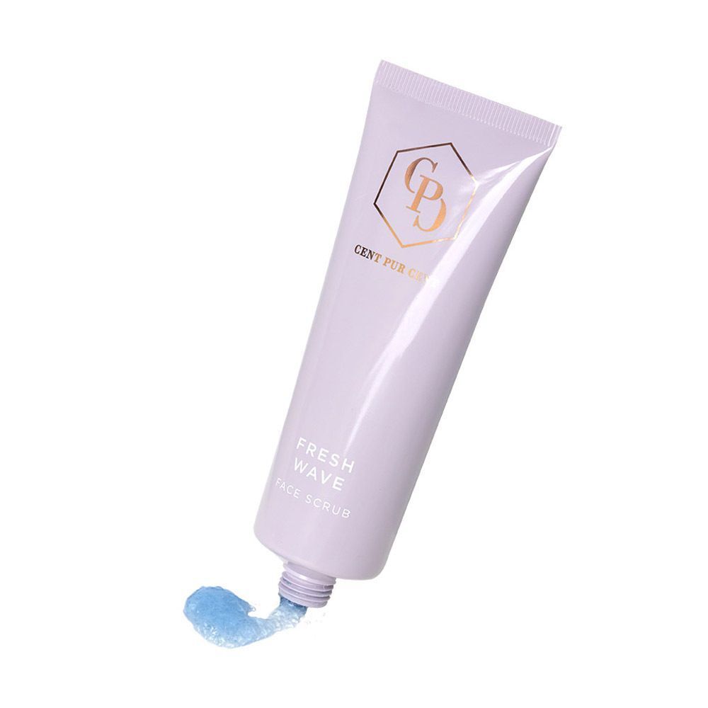 Een tube Cent Pur Cent Fresh Wave Face Scrub met een blauwe scrub-sample.