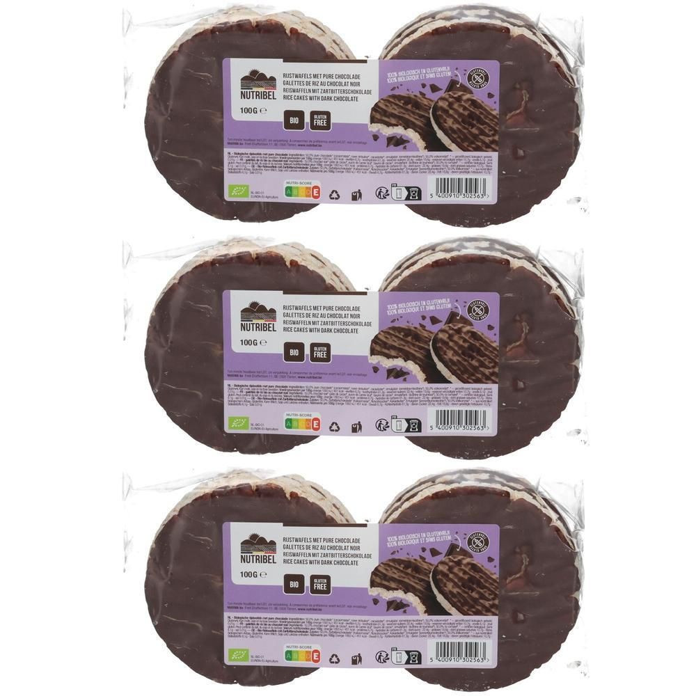Trois paquets de galettes de riz Nutribel au chocolat noir.