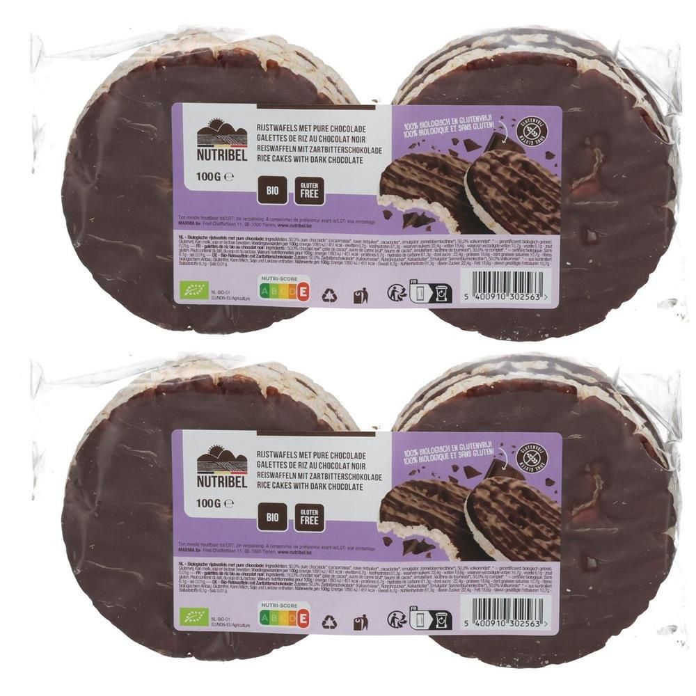 Deux paquets de galettes de riz bio au chocolat noir. 100g par paquet.