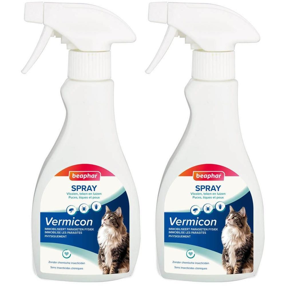 Deux flacons de spray Beaphar Vermicon pour chats. Flacons blancs avec étiquette montrant un chat.