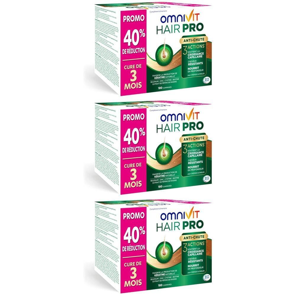 Trois boîtes Omnivit Hair Pro avec 40% de réduction et cure de 3 mois.