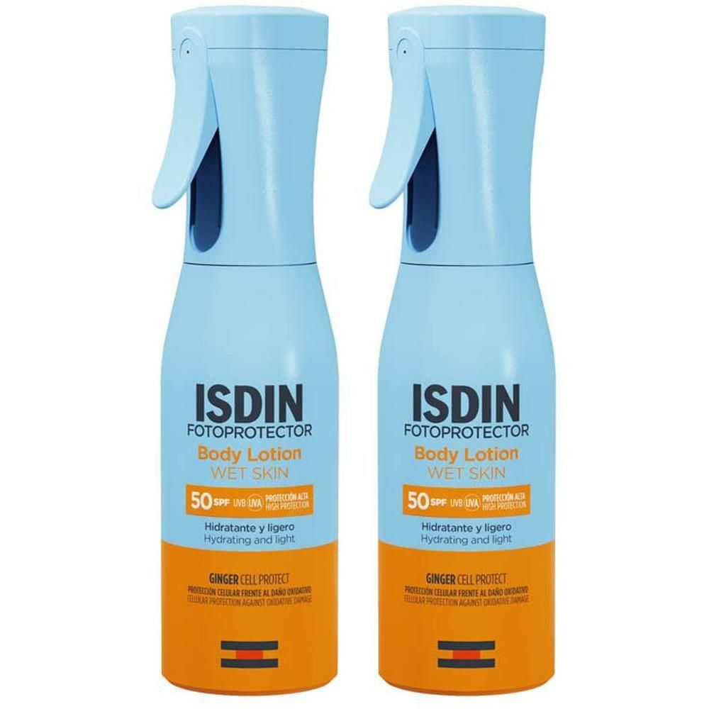 Twee ISDIN Fotoprotector Body Lotion Wet Skin flacons met SPF 50.
