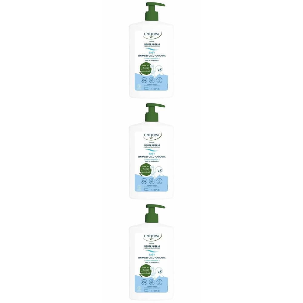 Trois flacons pompe blancs à bouchons verts, étiquetés Neutraderm Bébé Liniment Oléo-Calcaire Bio.