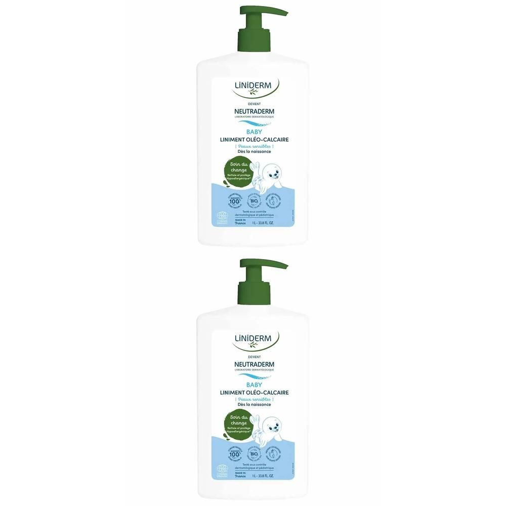 Deux flacons pompe blancs de Liniment Oléo-Calcaire Bébé Neutraderm.
