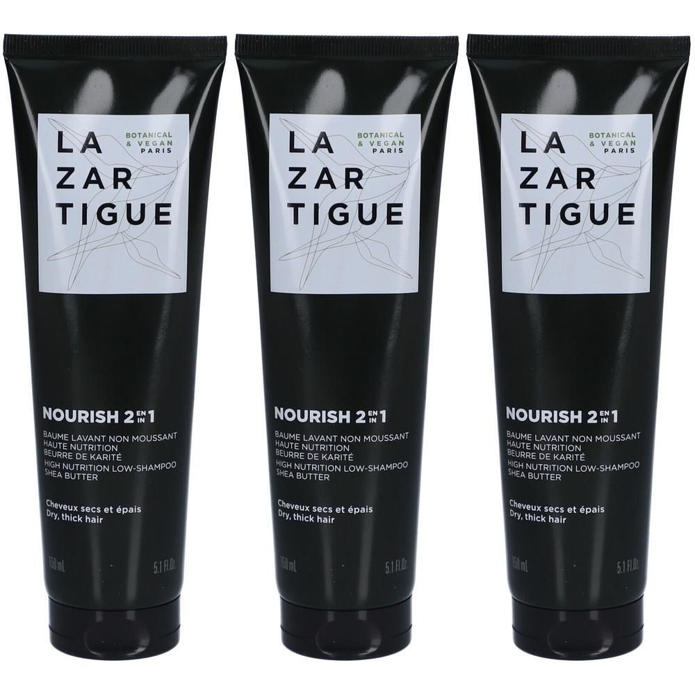 Trois tubes noirs Lazartigue Nourish 2en1 avec étiquette blanche. 150ml.