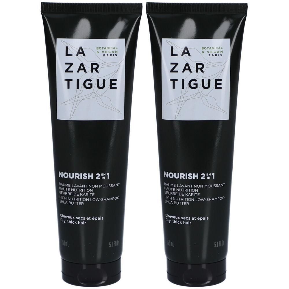 Twee zwarte tubes Lazartigue Nourish 2in1 met wit etiket en productinformatie.