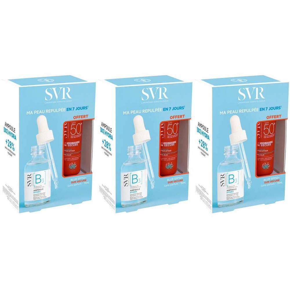 Trois coffrets SVR Ampoule Hydra + Sun Secure Blur SPF50+.