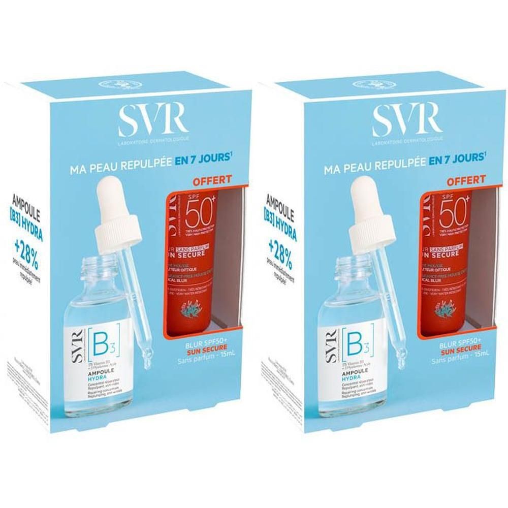Twee SVR Ampoule Hydra en Sun Secure Blur SPF50+ in kartonnen verpakking.