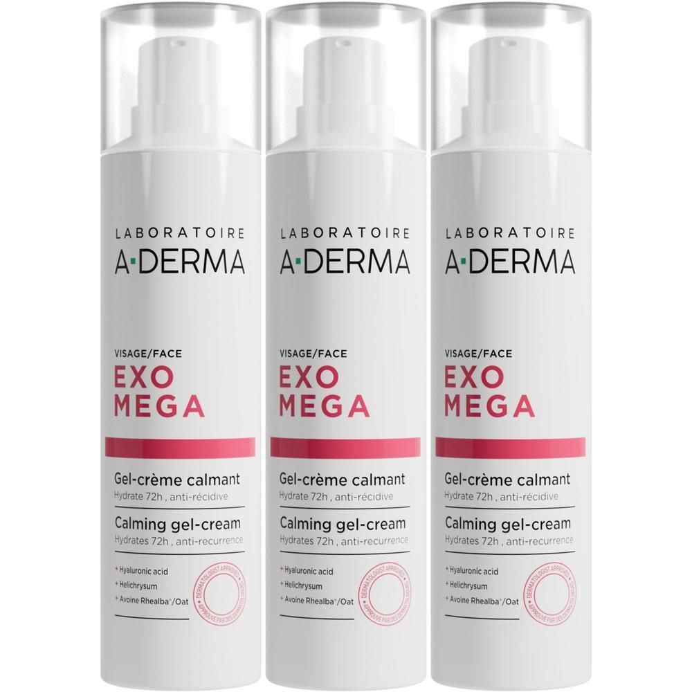 Trois flacons de Gel-crème apaisant A-Derma Exomega.