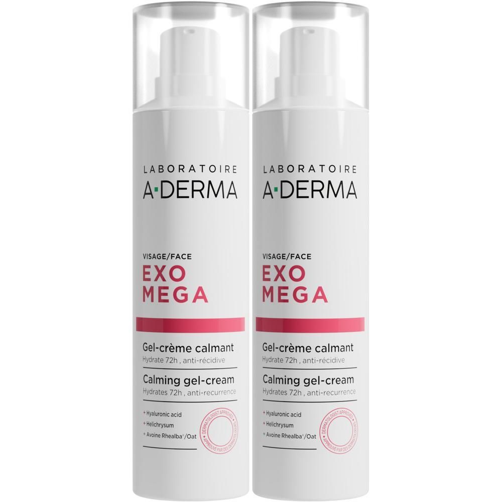 Twee flacons A-Derma Exomega kalmerende gel-crème voor het gezicht.