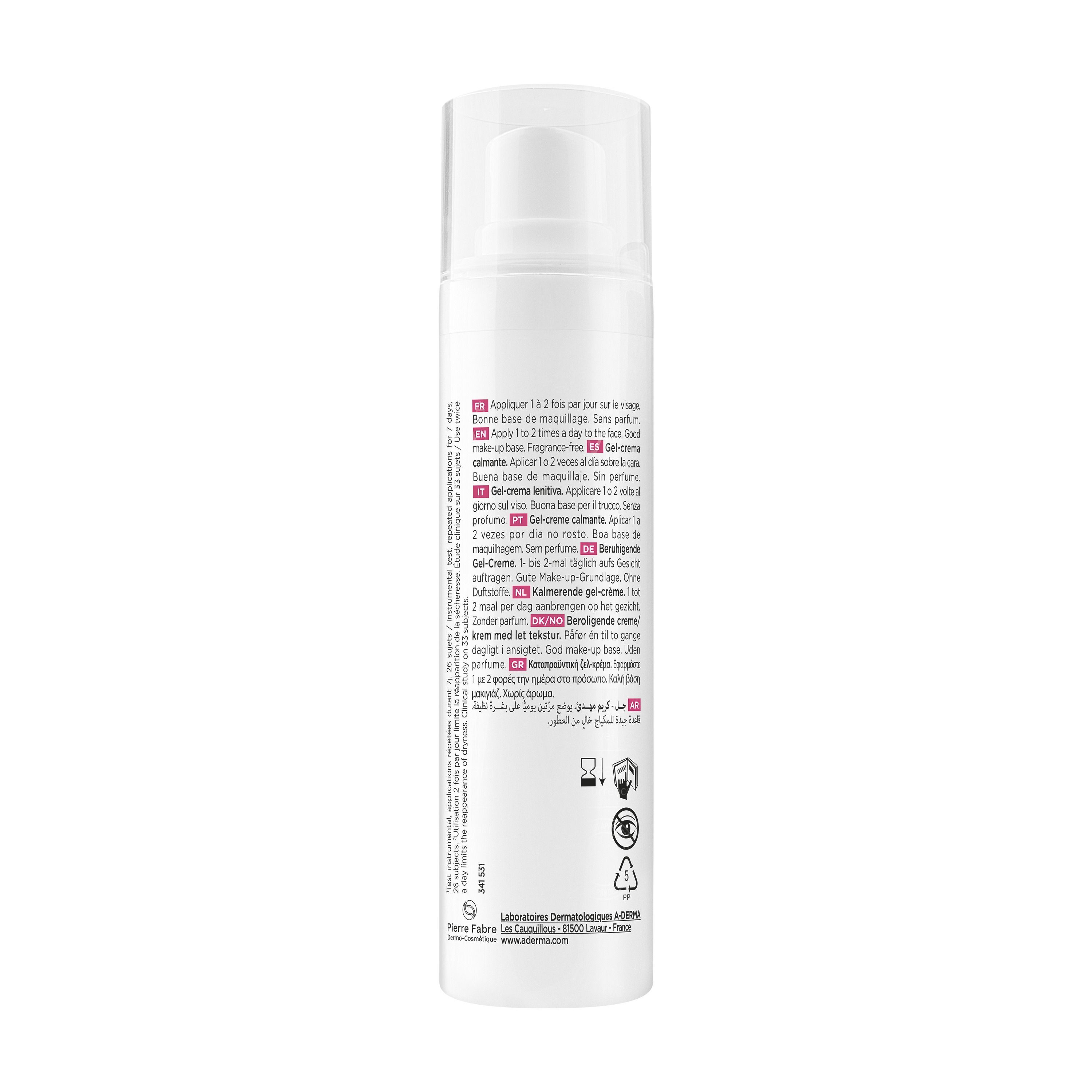 Achterkant van een flacon A-Derma Exomega kalmerende gel-crème met gebruiksinstructies.
