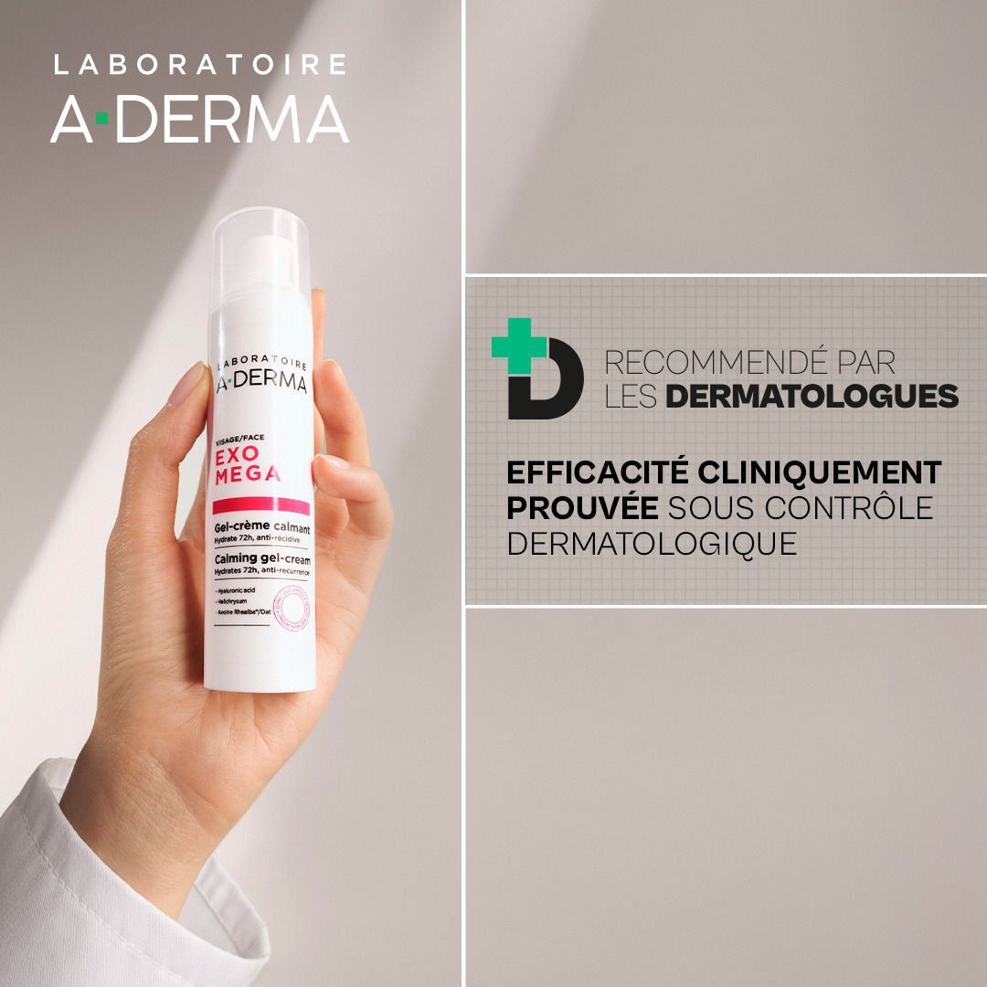 Gel-crème A-Derma Exomega tenu en main, recommandé par les dermatologues, efficacité cliniquement prouvée.